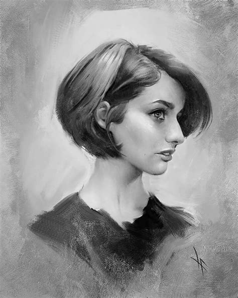 A Black And White Drawing Of A Womans Face With Short Hair In Profile