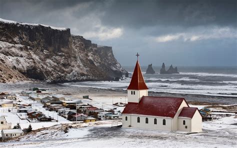 Landscape Church Cliff Sea Snow Winter Iceland Vik