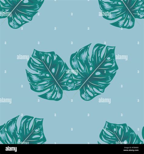 Indigo Seamless Pattern With Monstera Palm Leaves Summer Tropical