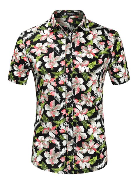 Unique Bargains Men Floral Print Slim Fit Short Sleeve Button Down