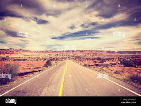 Vintage Stylized Picture Of A Scenic Desert Road Usa Stock Photo Alamy