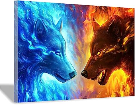 Ouppeng Blue Wolf And Red Wolf Canvas Art Poster Room