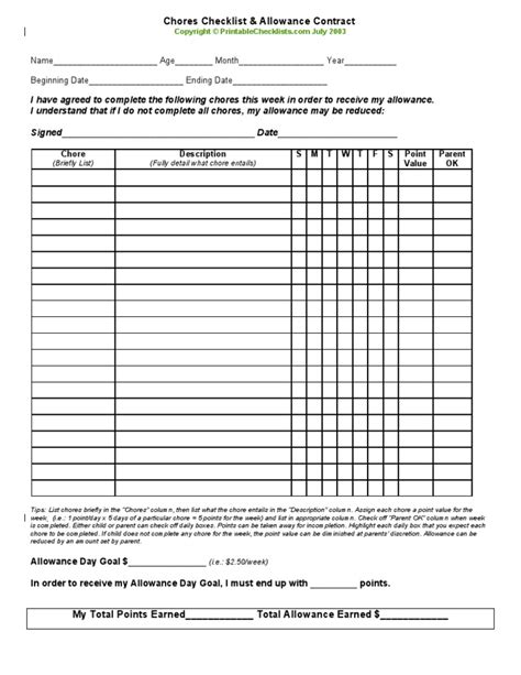Chores Checklist With Allowance Contract