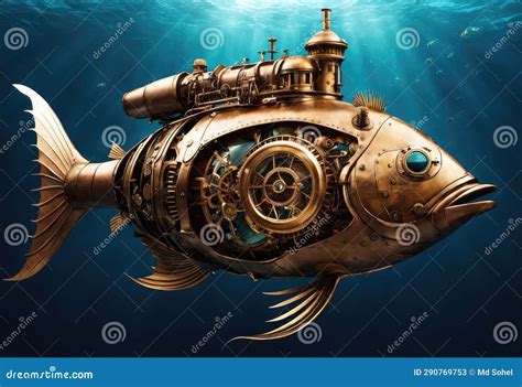 A Steampunk Style Mechanical Fish Swimming Through The Ocean Depths