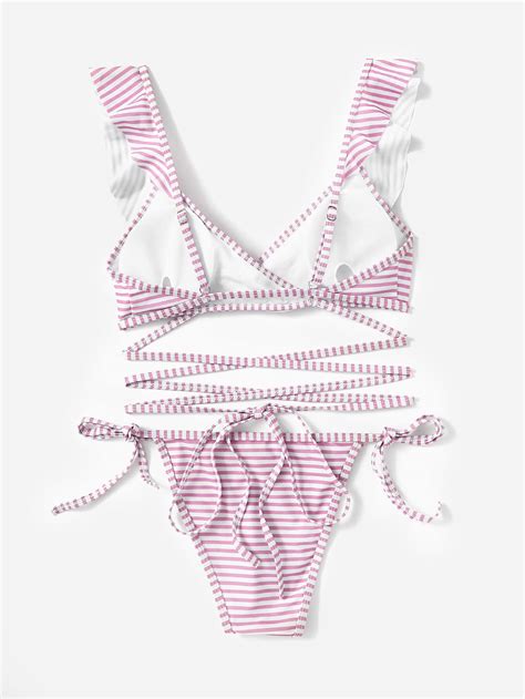 Striped Ruffle V Neck Strappy Bikini Set Shein Sheinside