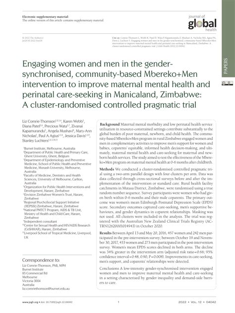 pdf engaging women and men in the gender synchronised community based mbereko men