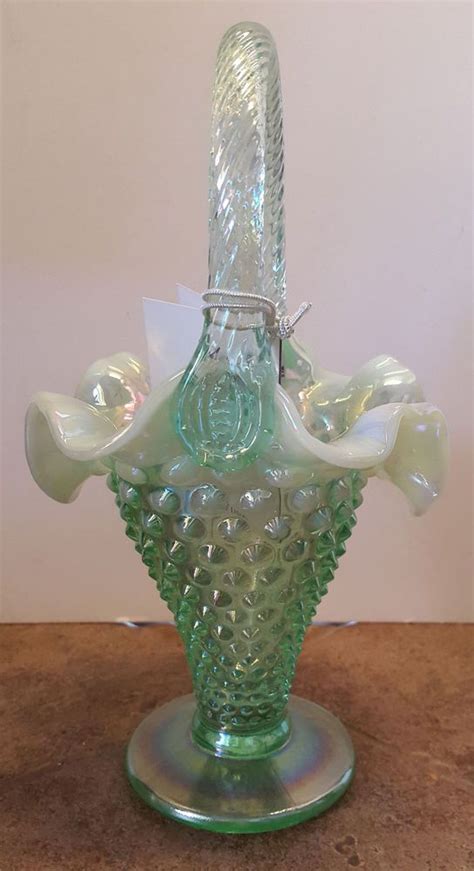 Fenton Green Hobnail Glass Basket Ruffled Edge ~ Willow Green Opalescent 3357 Gy Fenton