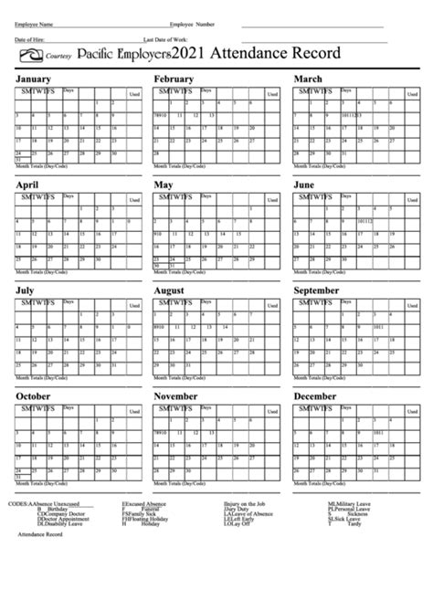 Free Printable Employee Attendance Calendars In 2021 Attendance Sheet