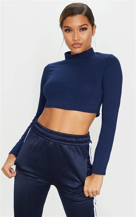 Navy High Neck Long Sleeve Crop Top Tops Prettylittlething