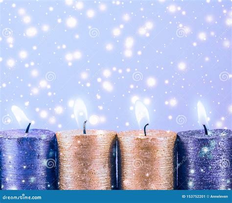 Christmas Candles And Shiny Snow On Blue Background Holiday Season