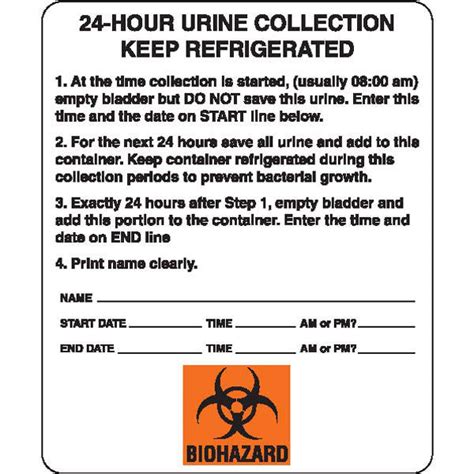 Urine Collection Label 24 Hour Urine Collection Keep Refrigerated