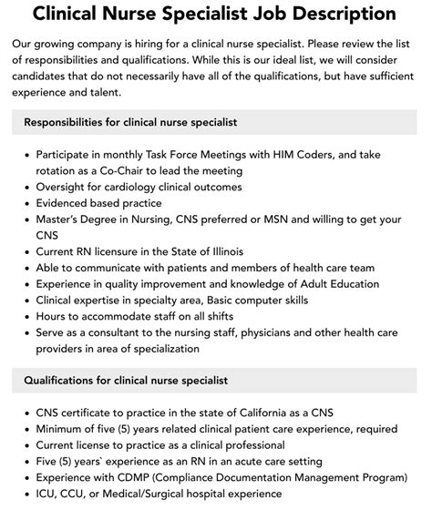 Clinical Nurse Specialist Job Description Velvet Jobs