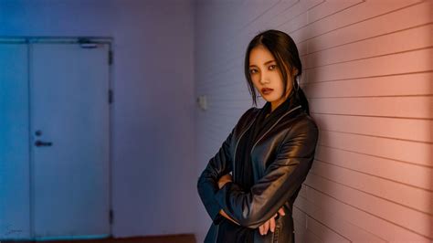 Wallpaper Model Women Brunette Leather Jackets Looking At Viewer Asian Black Hair