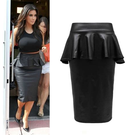 2015 Summer Ladies Womens Bodycon Plus Size Black Faux Leather Ruffles Midi Peplum Pencil Skirt