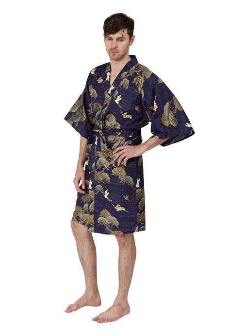 Pines And Cranes Mens Short Cotton Kimono Beautiful Robes