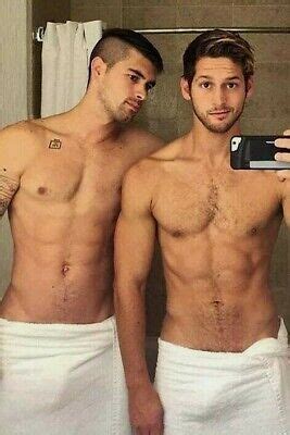Shirtless Male Muscular Beefcake Towel Shower Hunks Guys Duo Photo X