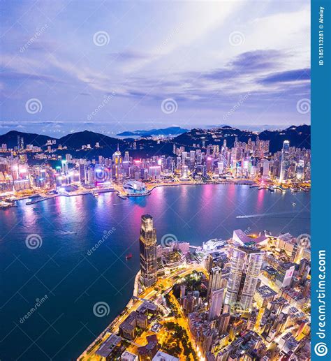 Epic Aerial View Of Victoria Harbour Hong Kong Twilight Metropolis