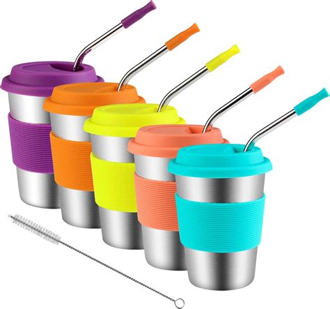 Kids Stainless Steel Cups With Silicone Lids And Straws Kereda 5 Pack 12