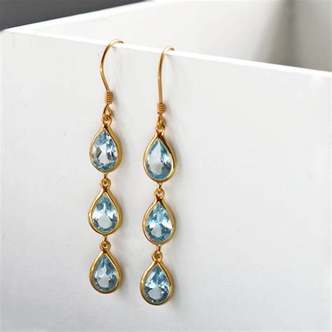 Gold Triple Blue Topaz Teardrop Earrings By Martha Jackson Sterling