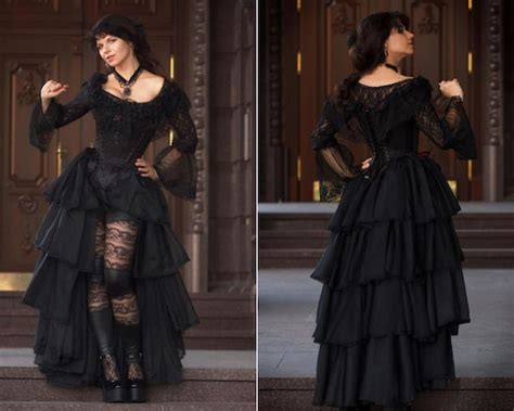 Black Gothic Wedding Dress Ruffle Skirt Tight Lacing Corset Etsy Uk