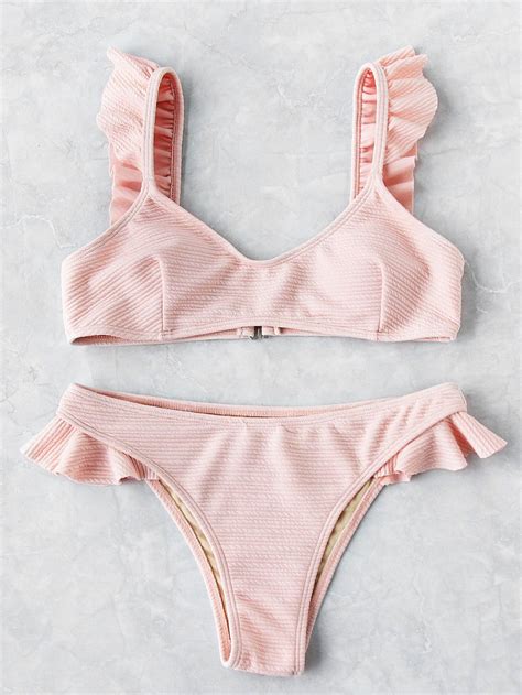 Pink Textured Ruffle Trim Padded Bikini Set Bikinis Swimsuits Pad