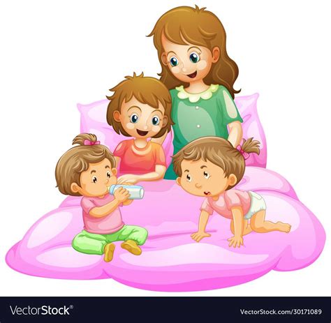 Scene With Mother And Kids Getting Ready For Bed Illustration Download