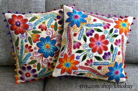 Peruvian Pillow Covers Hand Embroidered Flowers 16 X 16 By Khuskuy