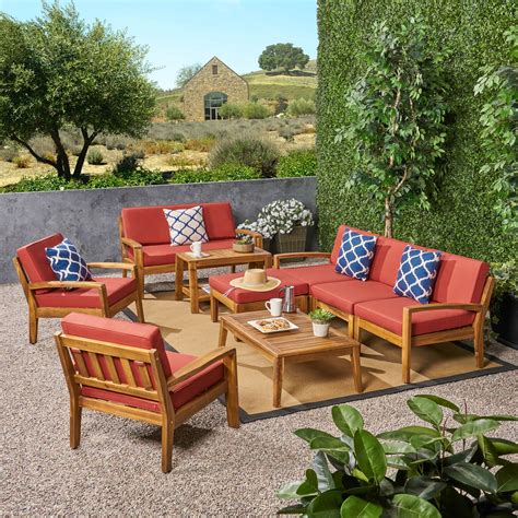 Wilcox Outdoor 9 Piece Acacia Wood Sectional Sofa Set With Cushions