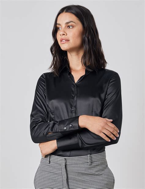 Satin Womens Fitted Shirt With Single Cuff In Black Hawes And Curtis Uk