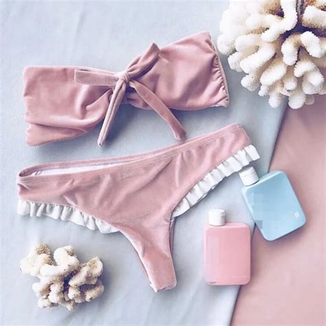 2017 Sexy Pink Velvet Bikini Set With Bow Tie Cute Swimwear Woman Princess Style Strapless
