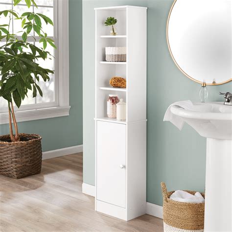 White Bathroom Linen Tower Shelf Narrow 5 Shelves Cabinet Door Wood 60