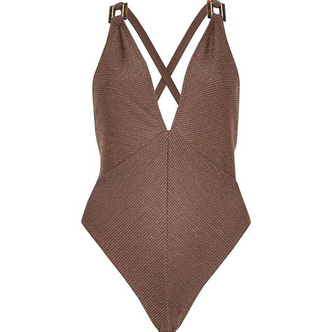Brown Metallic Ribbed Plunge Swimsuit Plunge Swimsuit Clothes Fashion