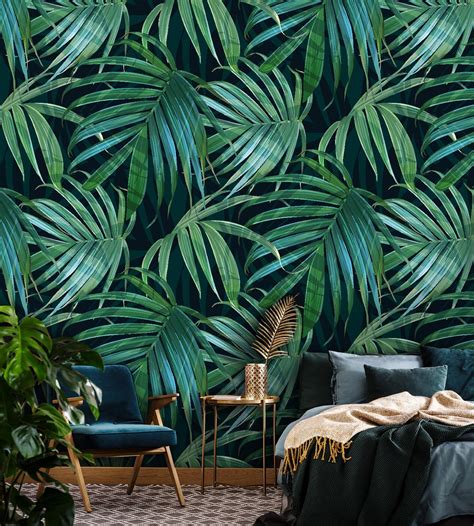 Dark Green Leaves Wallpaper Peel And Stick Palm Leaf Wall Etsy