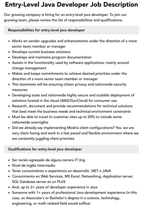 Entry Level Java Developer Job Description Velvet Jobs