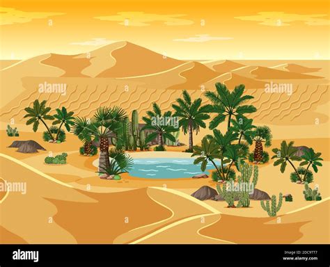 Desert Oasis With Palms Nature Landscape Scene Illustration Stock
