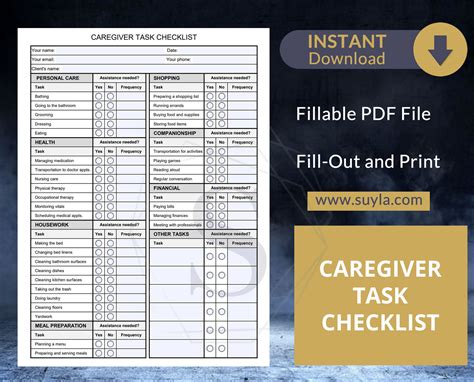 Caregiver Task Checklist Fillable Pdf Form Letter Size Etsy