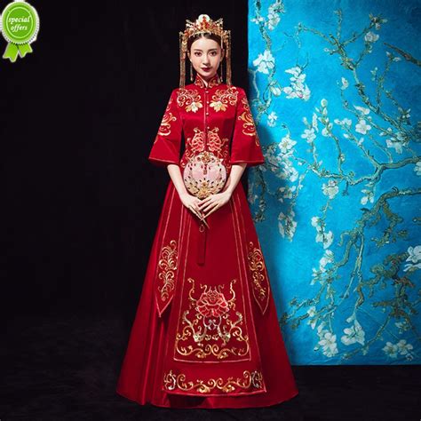 Wed Gaun Pengantin Tradisional China Merah Lucky Gold Phoenix Setelan