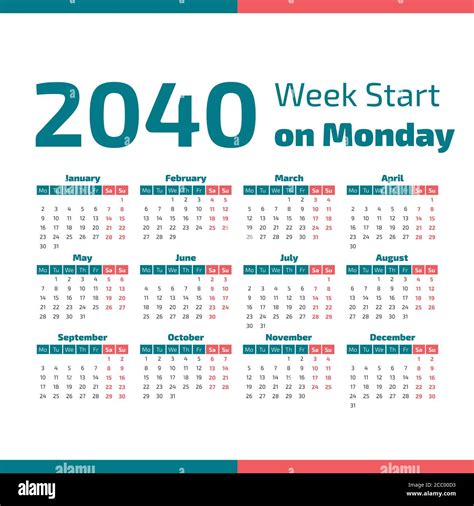 2040 Calendar With The Weeks Start On Monday Stock Vector Image And Art