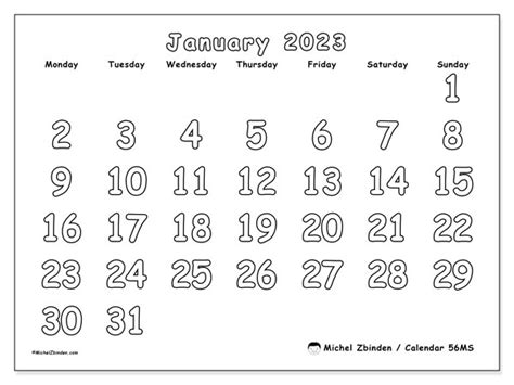 January 2023 Printable Calendar “56ms” Michel Zbinden Uk