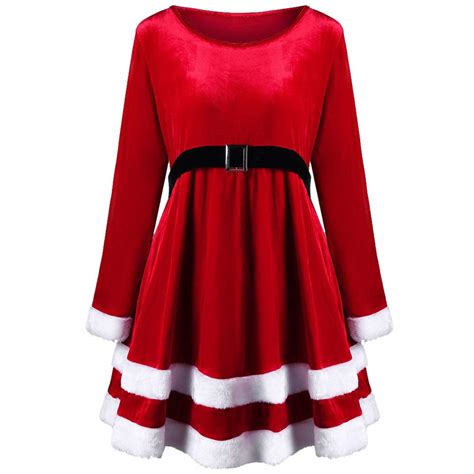 Caopixx Women Dress Merry Christmas Velvet Long Sleeve O Neck Party Dress Flare Swing Dress A