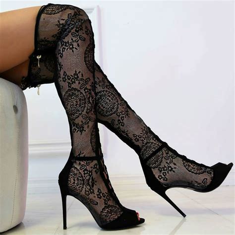 Black Lace Thigh High Boots Lace Thigh High Boots Knee Boots Outfit