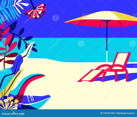 Tropical Beach Background With With Deck Chair And Beach Umbrella Stock