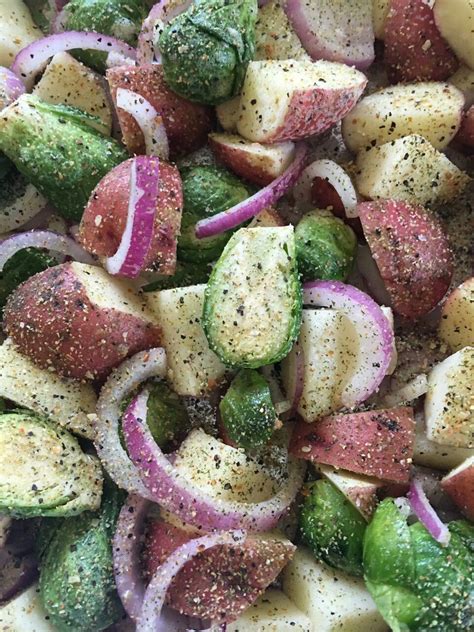 I wanted to share my usual recipe and. Red potatoes, Brussels sprouts and red onion | Red ...