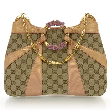 Gucci Lizard Embossed Monogram Bamboo Chain Shoulder Bag 36323