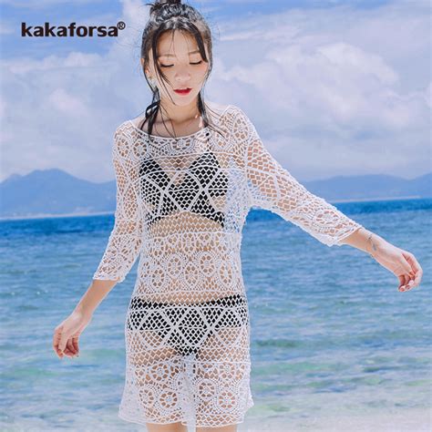 Kakaforsa 2018 Sexy Crochet Beach Cover Up White Hollow Out Swimwear Beach Dress Summer Knitted