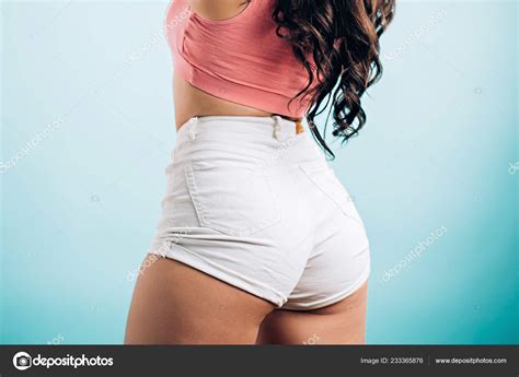Close Big Beautiful Booty Woman Short White Denim Shorts Blue Stock