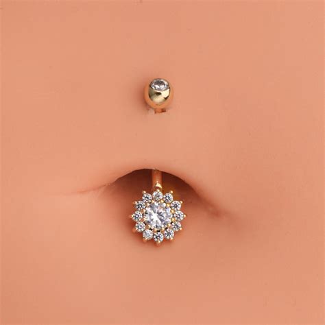 K Solid Gold Cubic Zirconia G Belly Button Ring Floral Etsy