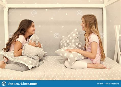 Sleepover Party Ideas Girls Happy Best Friends Or Siblings In Cute Stylish Pajamas With Pillows