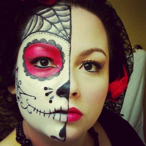 Black And Red Sugar Skull Makeup Half Face