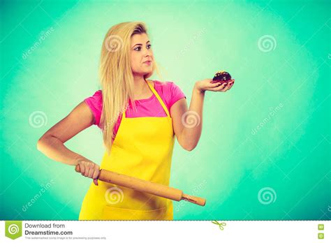 Woman Holding Rolling Pin And Chocolate Cupcake Stock Image Image Of